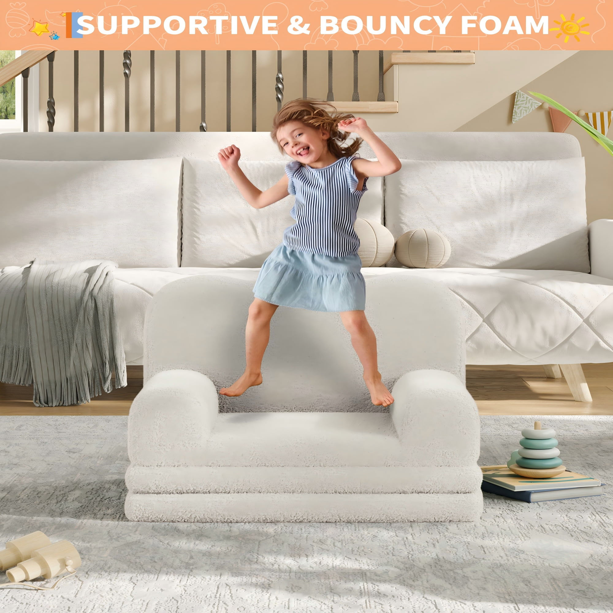 COZONY 2-in-1 Kids Couch, Convertible Toddler Sofa Chair, Fold-Out Teddy Fleece Lounger, Kid’s Sofa Bed