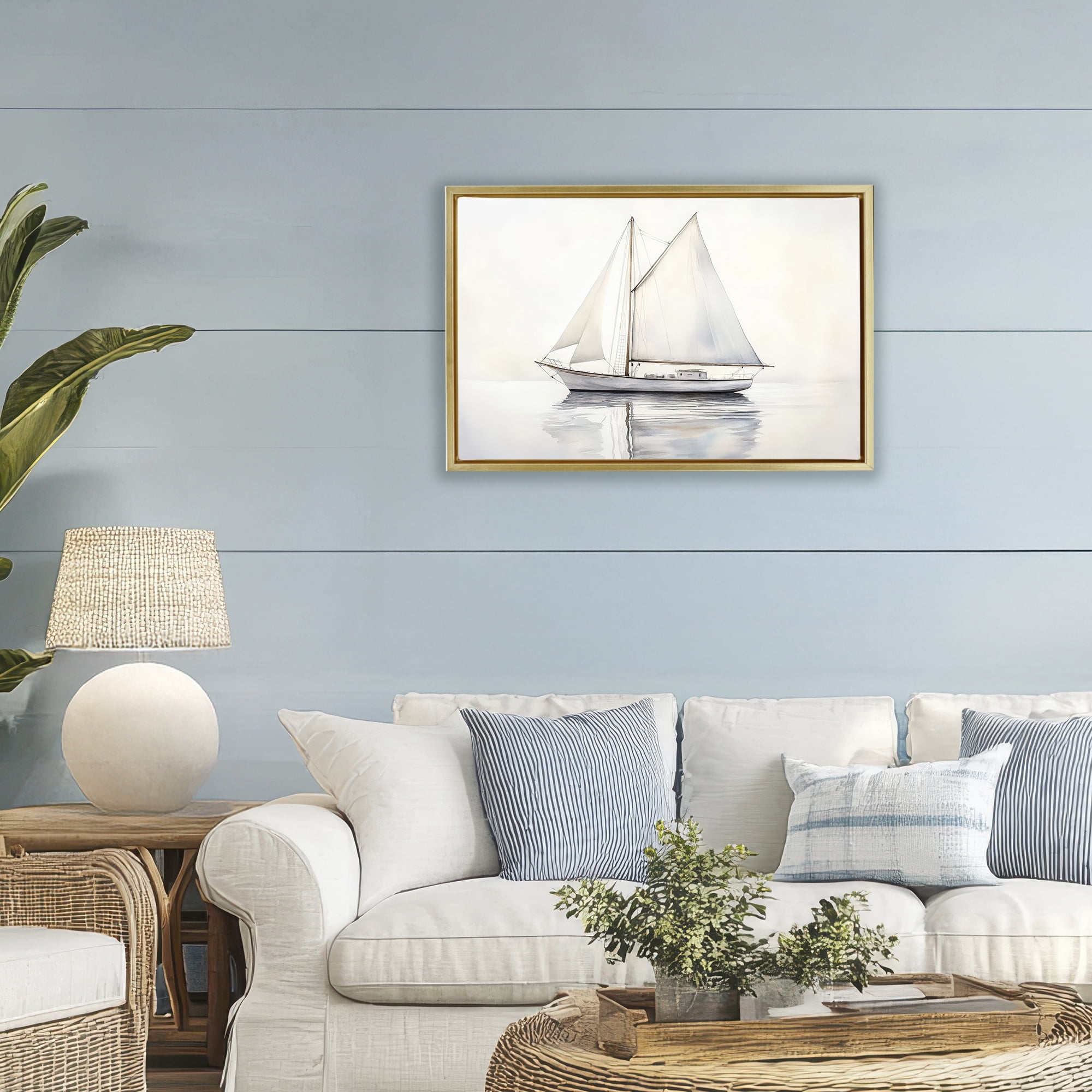 Stupell Industries Neutral Sailboat Reflection Gold Framed Floater Canvas Wall Art, design by Petal Prints Design
