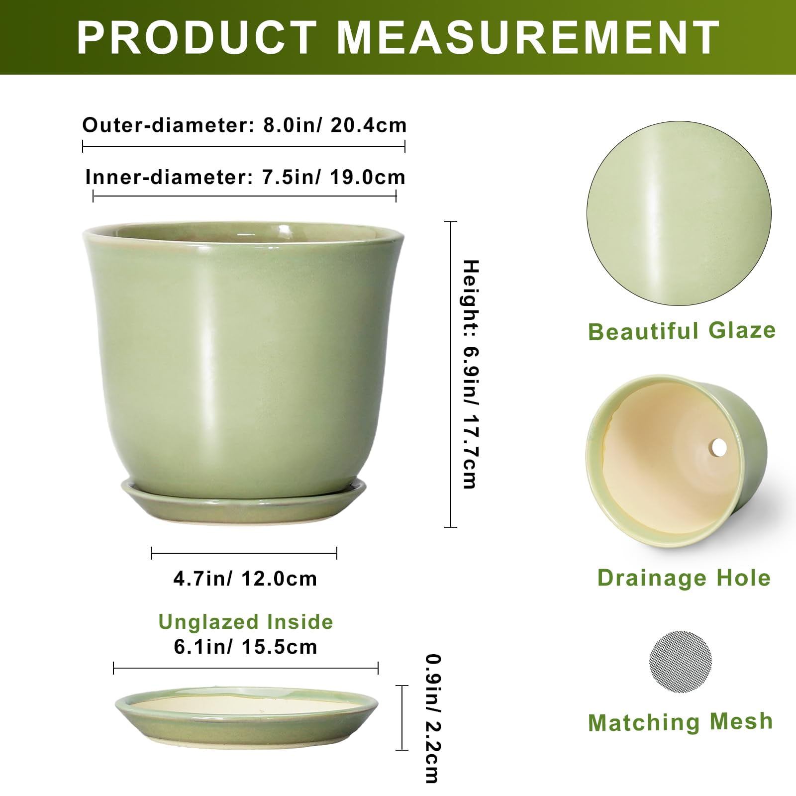 Ordivic 8 inch Green Ceramic Planter with Drainage Hole and Saucer | Modern Indoor Flower Pot for Snake Plants, Office & Home Decor