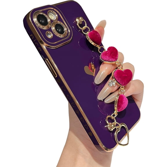 for iPhone 14 Case,Cute Plating Love Heart Wrist Strap Chain Bracelet Phone Case (Purple)