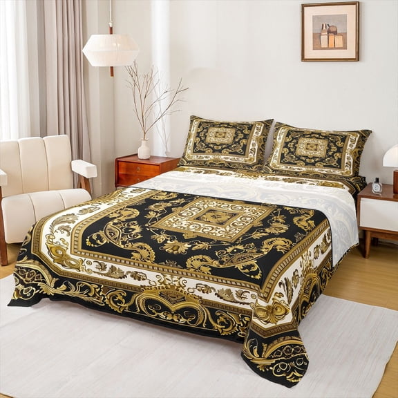 jejeloiu Rustic Baroque Queen Sheets For Men Women,Classic Print Queen Sheet Sets,Gold Black,4pcs,1 Flat Sheet, 1 Fitted Sheet and 2 Pillowcases