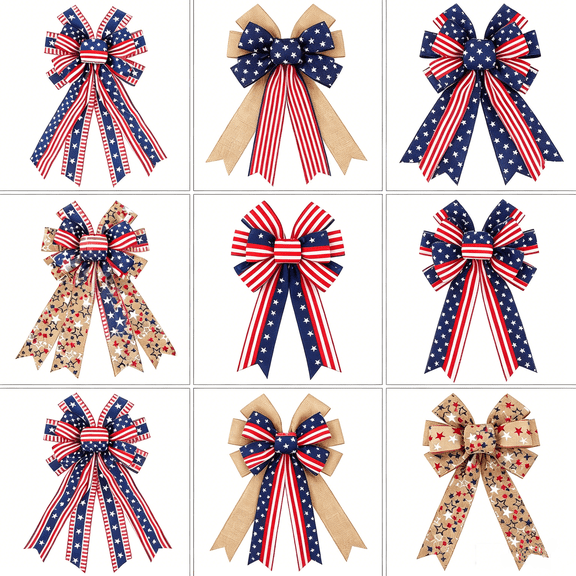 AYktou 4th of July Decorations Wreath Bow - 7" Red White and Blue Wreaths for Front Door,Stripe Star Bows Patriotic Wreath for 4th of July Tree Decorations,Independence Day,Memorial Day Decorations