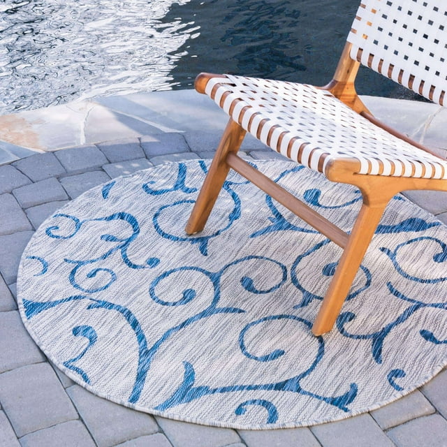 Unique Loom Botanical Collection Vine Floral Transitional Indoor and Outdoor Flatweave Round Rug, 4 Feet, Light Gray/Blue