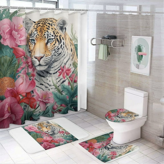 Flower Leopard 4PCS Shower Curtain Sets with Rugs with Non-Slip Bath Mat Toilet Rug，72" X 72"