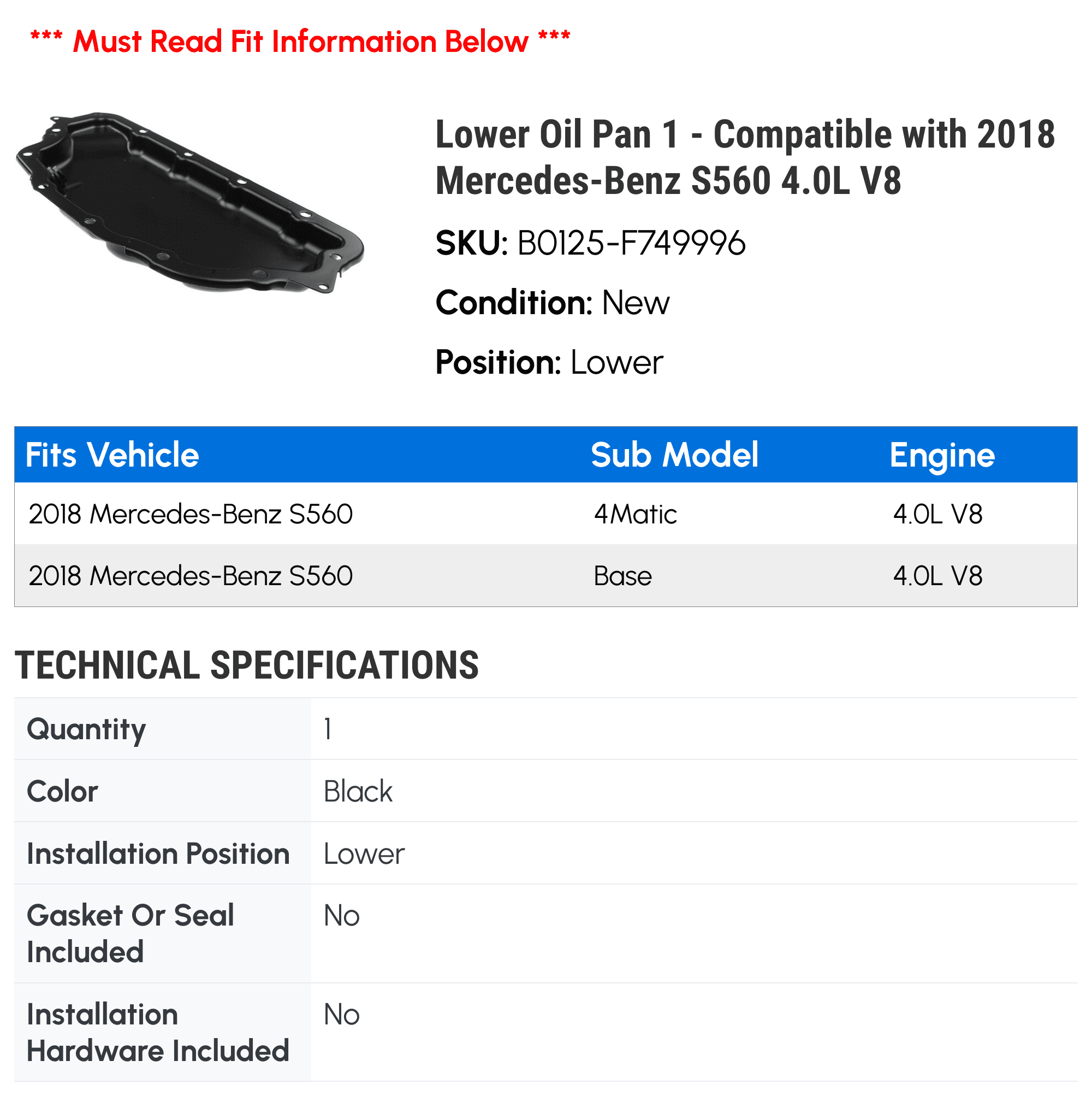 Lower Oil Pan 1 - Compatible with 2018 Mercedes-Benz S560 4.0L V8 - Autopart Premium