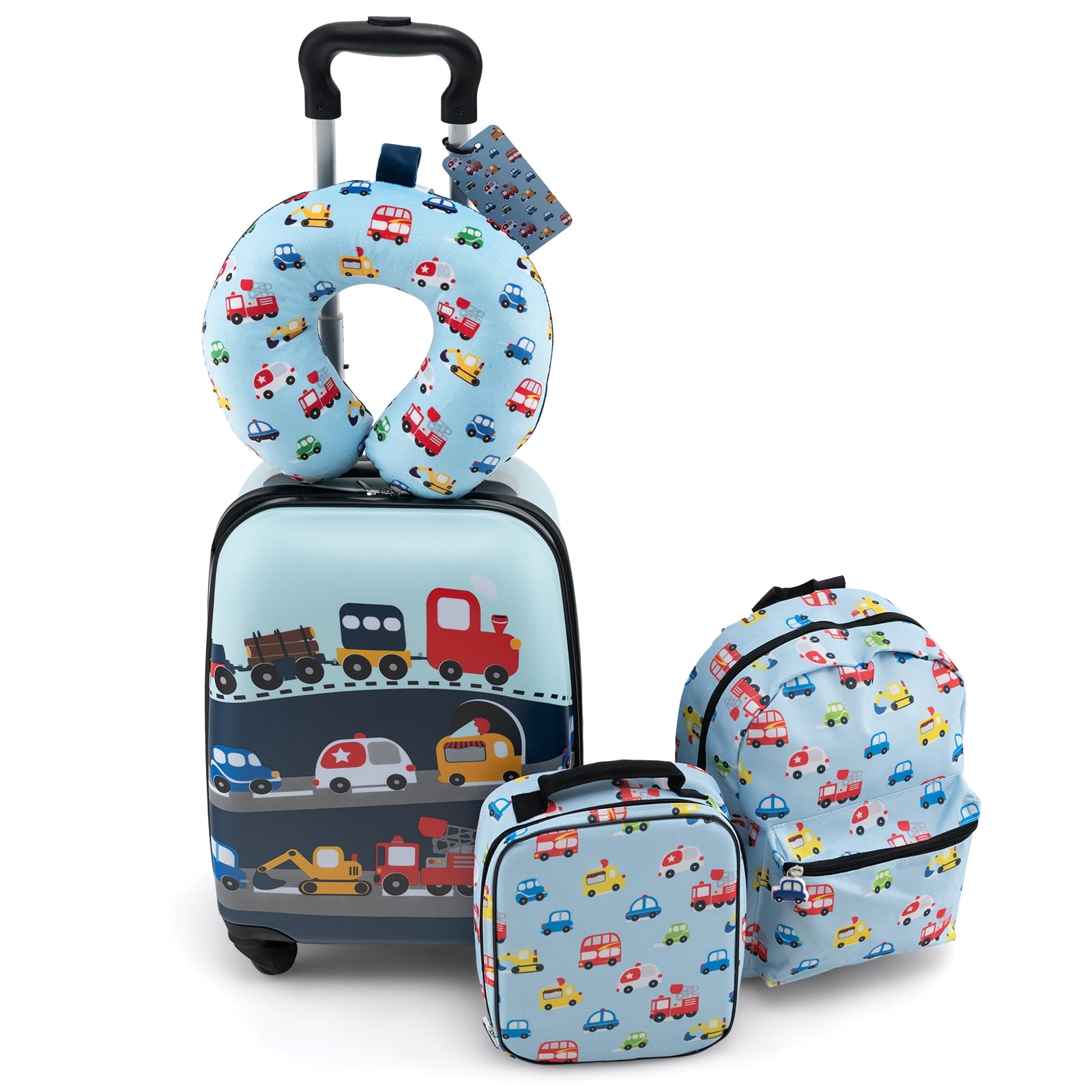 Costway 5 PCS Kids Luggage Set with Backpack Neck Pillow Luggage Tag Lunch Bag Wheels Blue