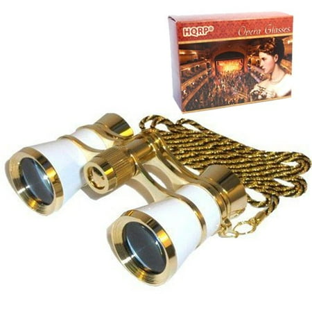 Arabesque Clear Crystal Gift - HQRP 3 x 25 Opera Glasses Binocular White pearl with Gold Trim, Crystal Clear Optic (CCO), Necklace Chain in HQRP Gift Box