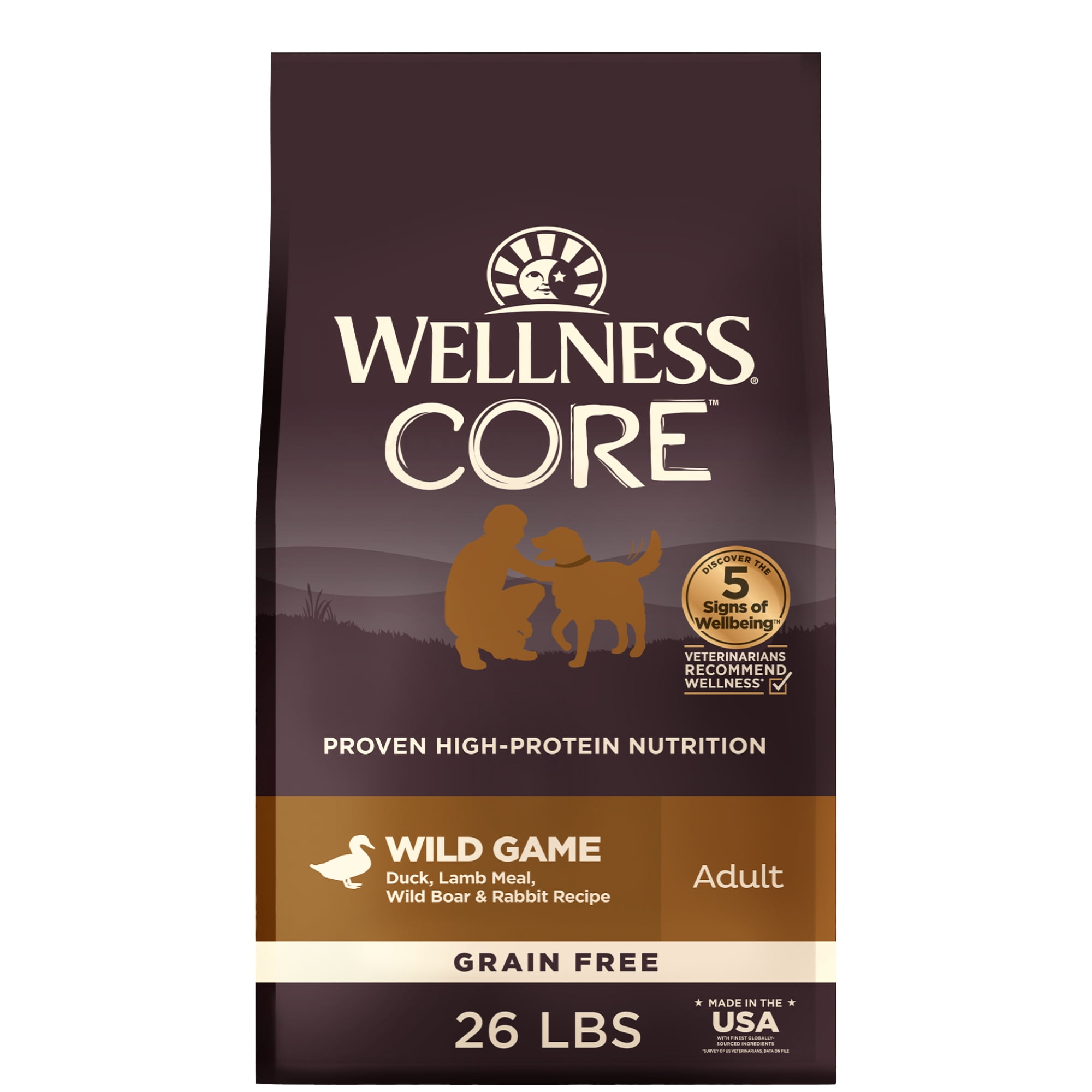 Wellness CORE Dry Dog Food, Grain Free, High Protein, Natural, Wild Game Duck, Lamb, Wild Boar, & Rabbit Recipe, (26-Pound Bag)