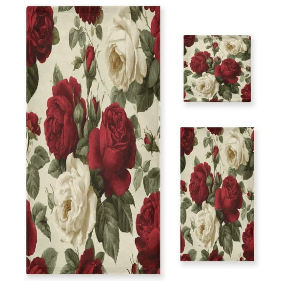 3 Piece Bath Towels Set Bath Towel, Hand Towel and Face Towel for Bathroom, Gym, Hotel Red and White Roses