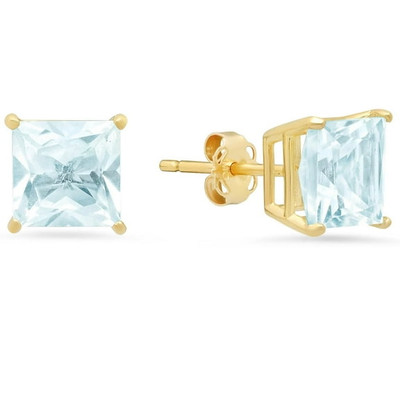 14k Yellow Gold Push Back Princess Created Aquamarine Stud Earrings 3MM Plated by Paris Jewelry