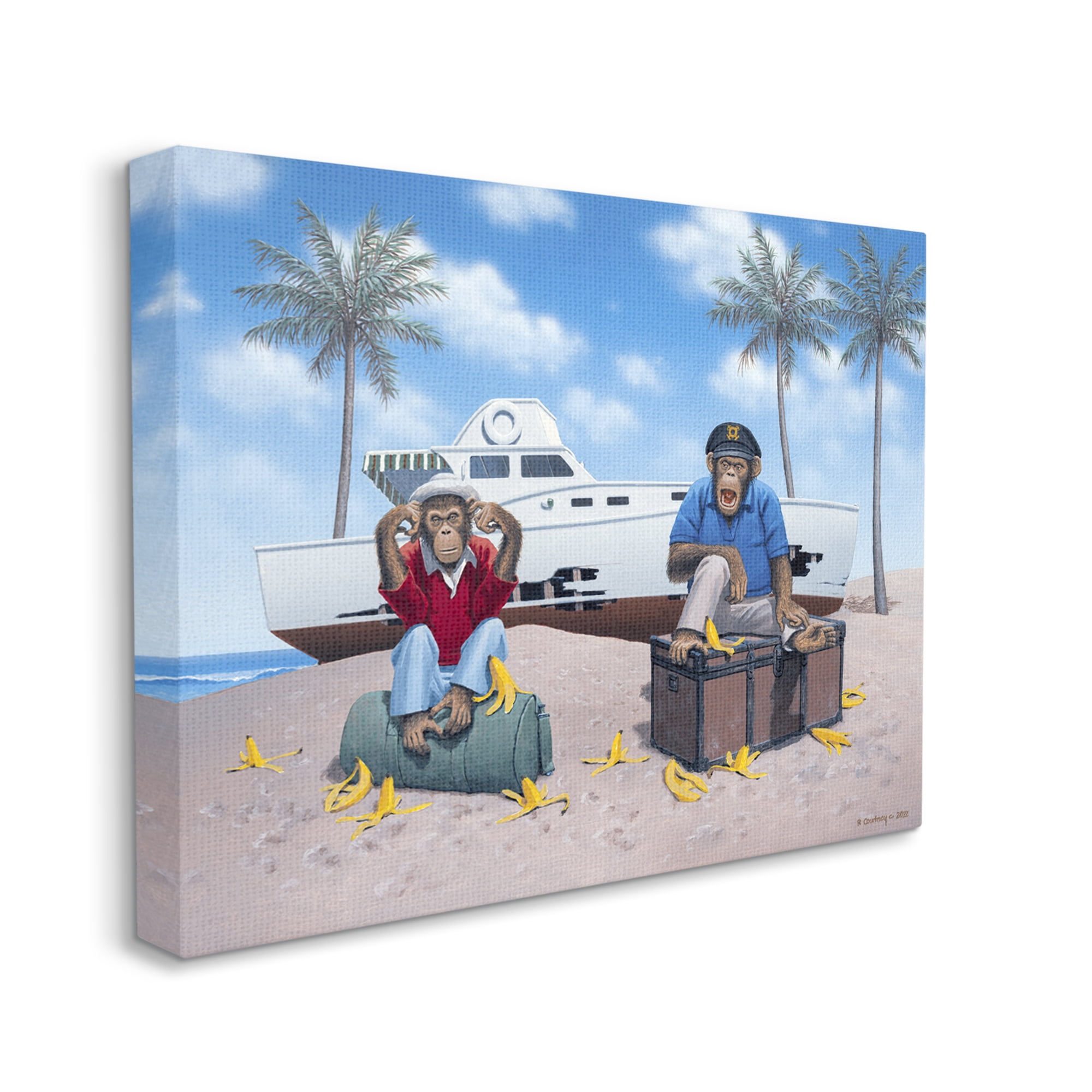 Stupell Industries Chimps & Yacht on Beach Animals & Insects Painting Gallery Wrapped Canvas Print Wall Art, 48 x 36