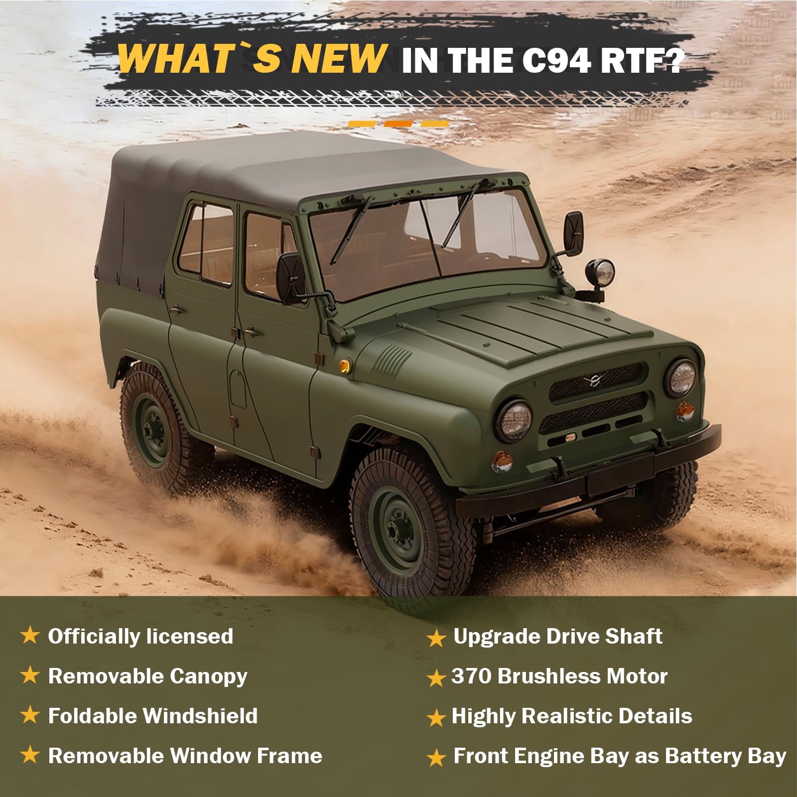 ARRIS WPL C94 UAZ-469 1/12 RC Crawler, 4WD RC Rock Crawler Truck RTF, Off-Road Military RC Car, Hobby-Grade Trail Truck for Adults Green