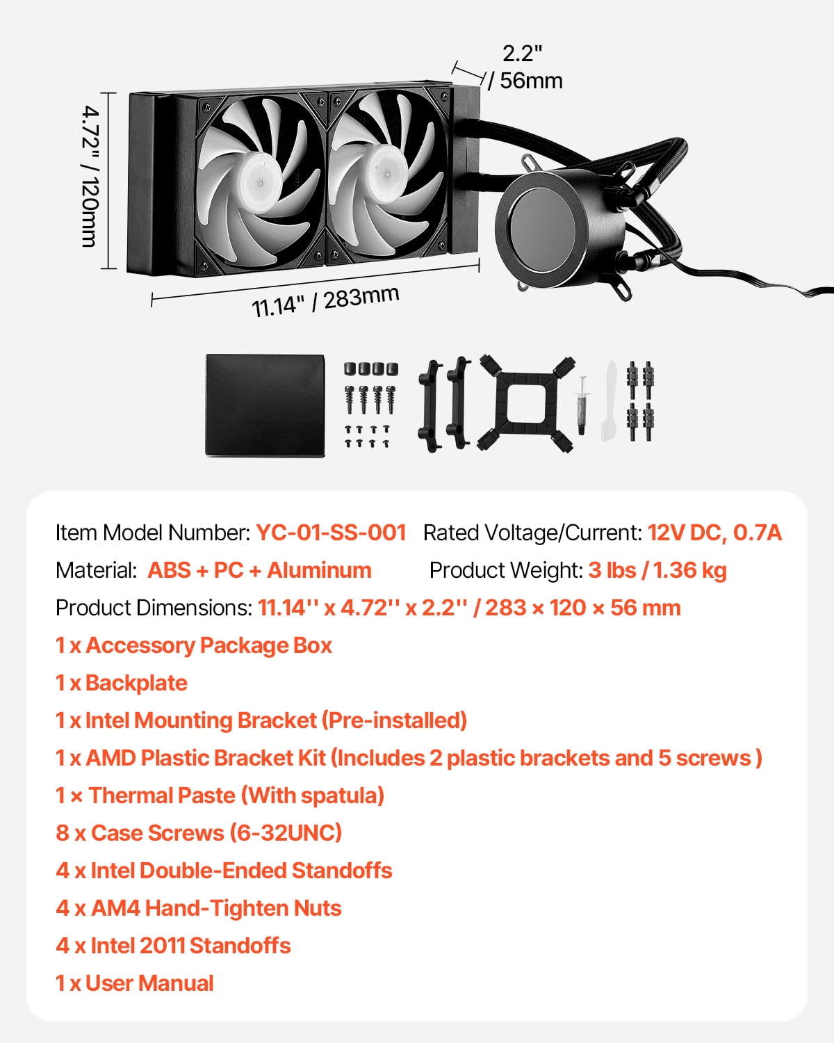 VEVOR CPU Liquid Cooler, AIO CPU Water Cooler - 120mm PWN Fans & Pump, Customizable Black PC Liquid Cooler with 2.1'' LCD Display & ARGB light, for Intel 115X/1366/2011/1700/1200, AMD AM4/AM5