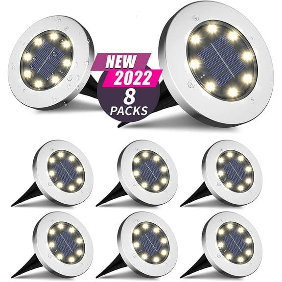 Morttic Solar Ground Lights, 8 LED Warm Light Outdoor Solar Disk Lights, Waterproof In-Ground Lights, Solar Garden Lights, Landscape Lights for Pathway, Yard, Deck, Patio, Walkway