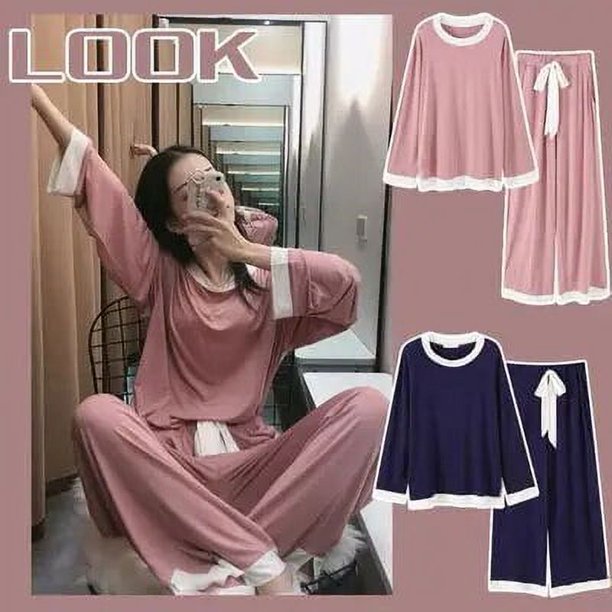 Conjunto de pijama con estampado de dibujos animados para mujer, ropa de dormir de manga larga con cuello redondo, estilo coreano, cómoda y elegante, suave y dulce