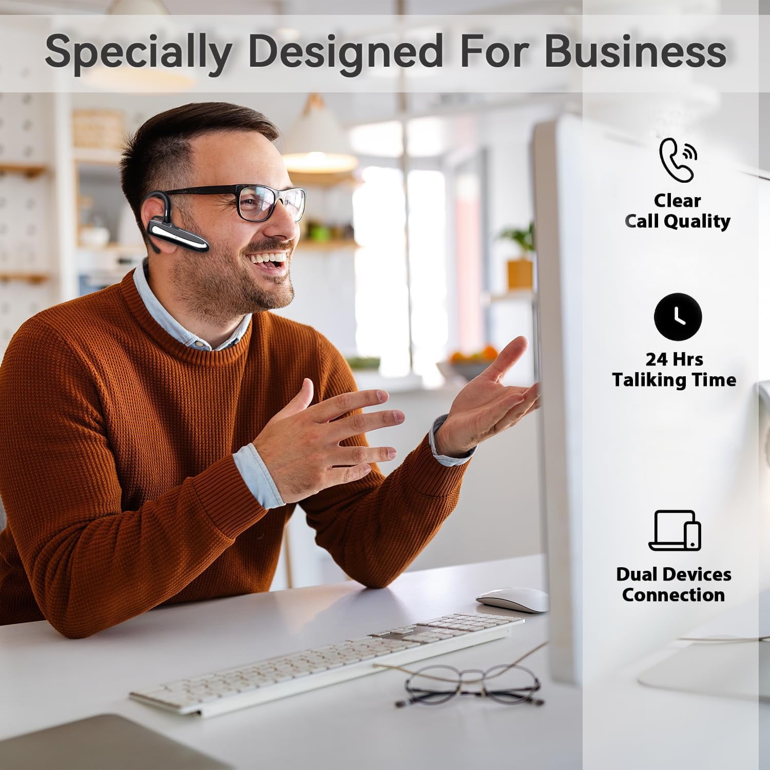 Bluetooth Headset Single Ear Business in-Ear Earbuds for Cell Phone, Wireless Earpiece Hands-Free Earphones,in Mic with Charging Case, for Office Working Driving Calling Compatible Android/iPhone