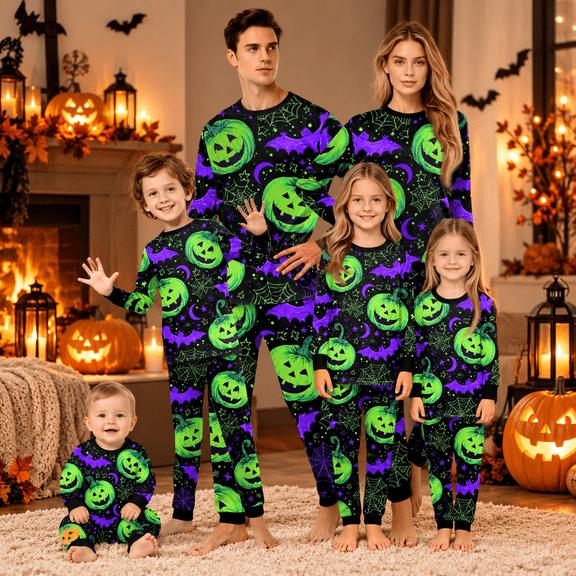 Matching Family Halloween Pajamas One Piece Romper, Pumpkin Bat Print Long Sleeve Halloween PJs, Family Matching Sleepwear for Fall