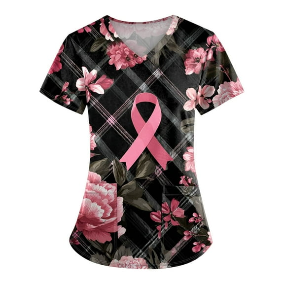 LHVUOA Breast Cancer Awareness Scrubs Top Breast Cancer Scrub Tops for Women Pink Ribbon Graphic V-neck Short Sleeve Nursing Uniforms