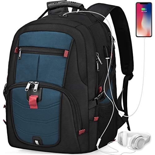 Mochila laptop 17 impermeable, extra grande, TSA antirrobo, USB, juegos, azul. Capacidad 45L