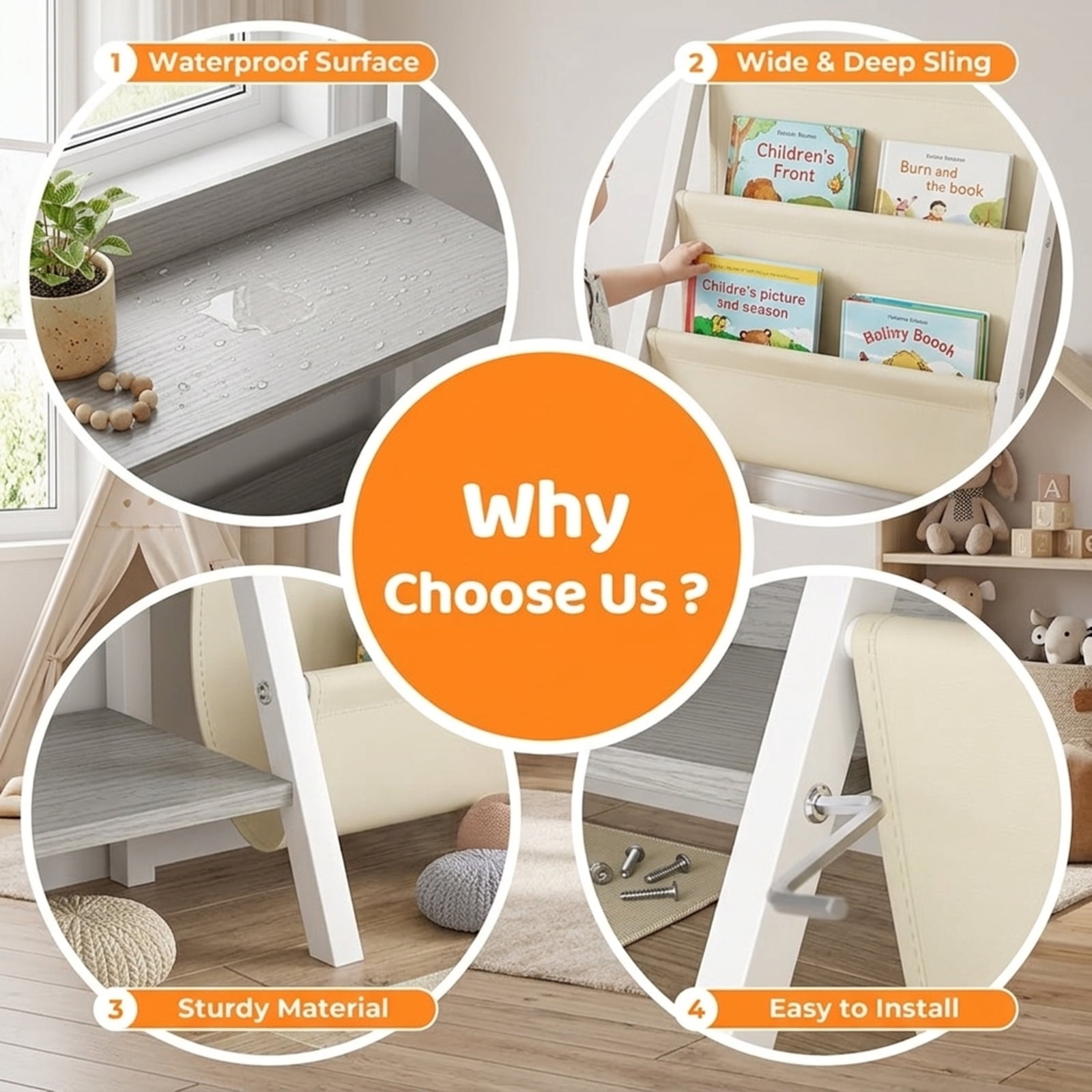 Fenbeli 3-Tier Kids Bookshelf and Toy Storage, White Bookcase with Display Compartments Side Pockets and Anti-Tip Strap, Organizer for Nursery Bedroom and Playroom