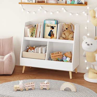 Oufan Kids Bookshelf and Toy Organizer, 5 Cubbies Wooden Open Bookcase, 2-Tier Baby Storage Display Organizer with Legs, Free Standing for Playing Room, Bedroom, Nursery, Classroom, White