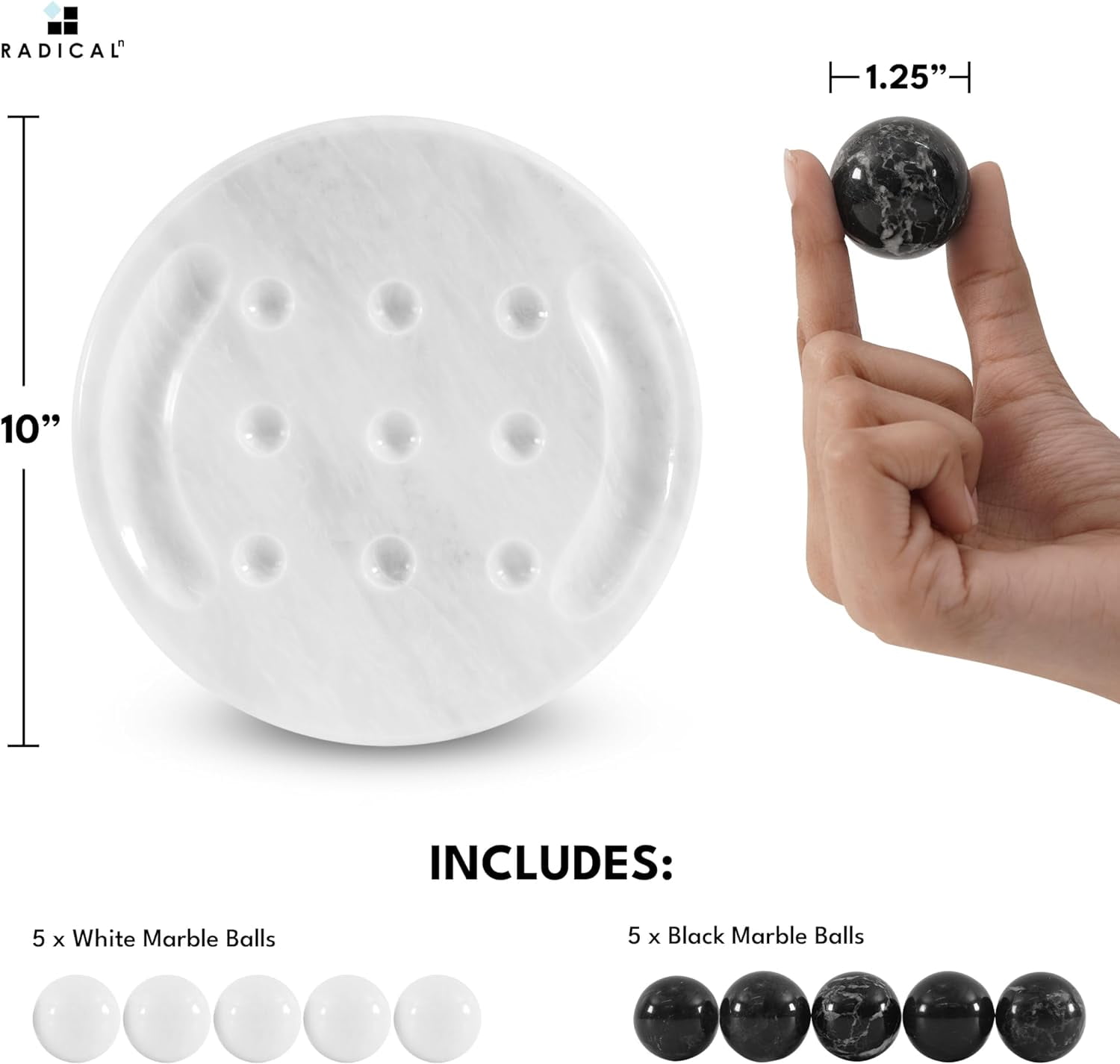 Radicaln Marble Tic Tac Toe 10" Black & White Luxury Board & Lawn Game for Adults, Smart Gift Idea, Minimalist Coffee Table Decor & Conversation Piece
