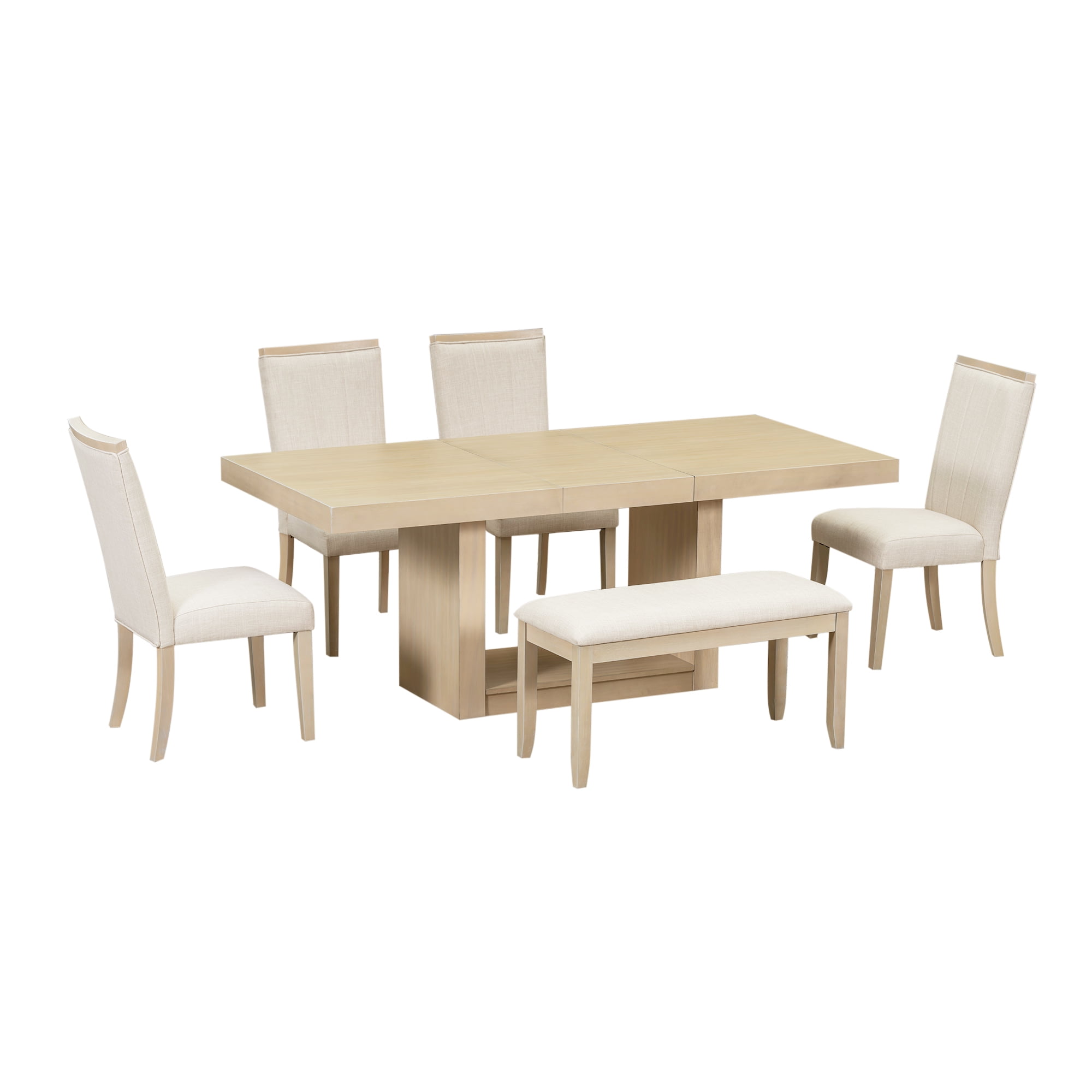 Harper & Bright Designs Rectangular Extendable Dining Table Set with Bench for 6, Wood Kitchen Dining Table with Removable Leaf, 4 Upholstered Dining Chairs for Dining Room, Natural+Beige