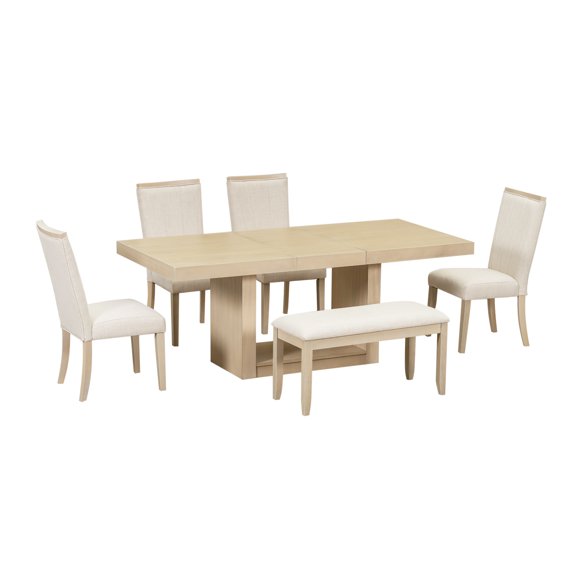 Extendable Dining Table Set, 6-Piece Rubber Wood Table with 18" Removable Leaf and Upholstered Bench, 4 Padded Chairs, Modern Pedestal Dining Set for 6, Natural and Beige