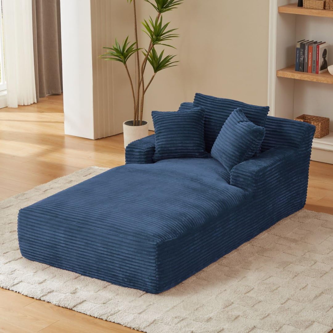 AENKYO 80" Oversized Corduroy Chaise Lounge, Fully Assembled, No Assembly Required, Blue