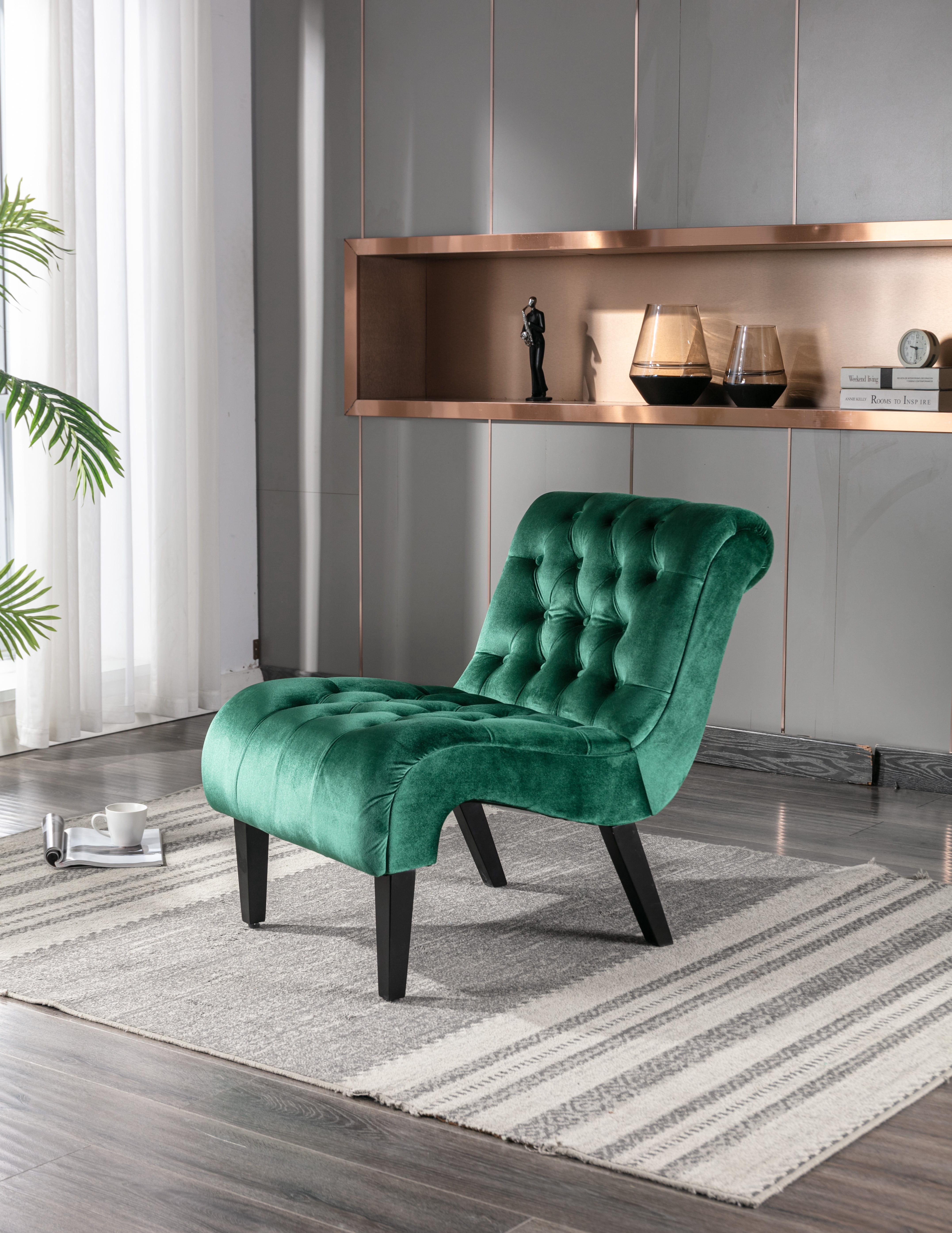 MAYEERTY Modern Velvet Armless Accent Living Room Chair / Leisure Chair,Upholstered Fabric Button Comfortable Chair with Wooden Legs for Bedroom, Living Room, Office，Green Velvet)