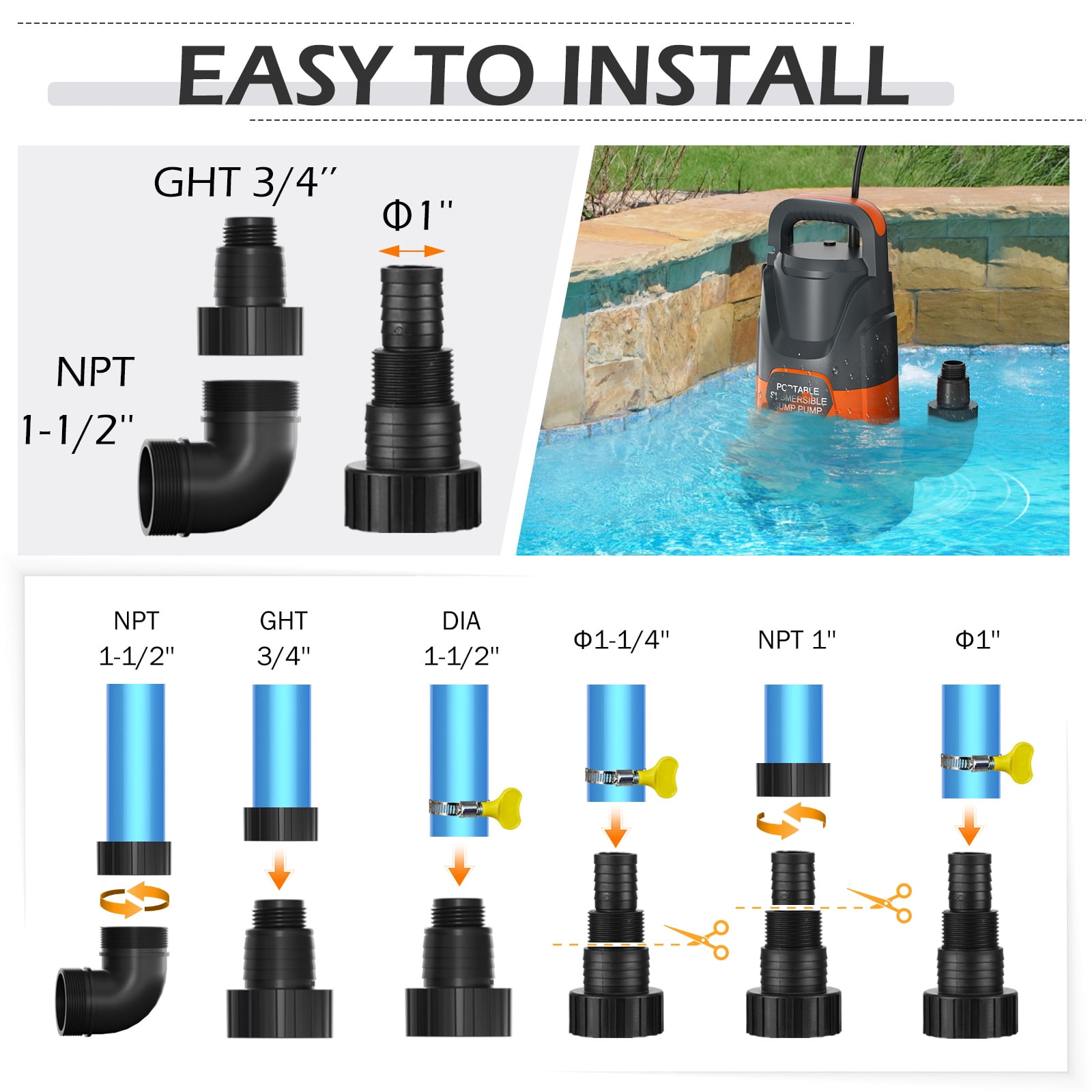 Sump Pump with Float Switch Submersible Water Pump Automatic 1.2HP 5000GPH Portable Dirty Clean Water Transfer Pump for Pool Draining Hot Tub Basement