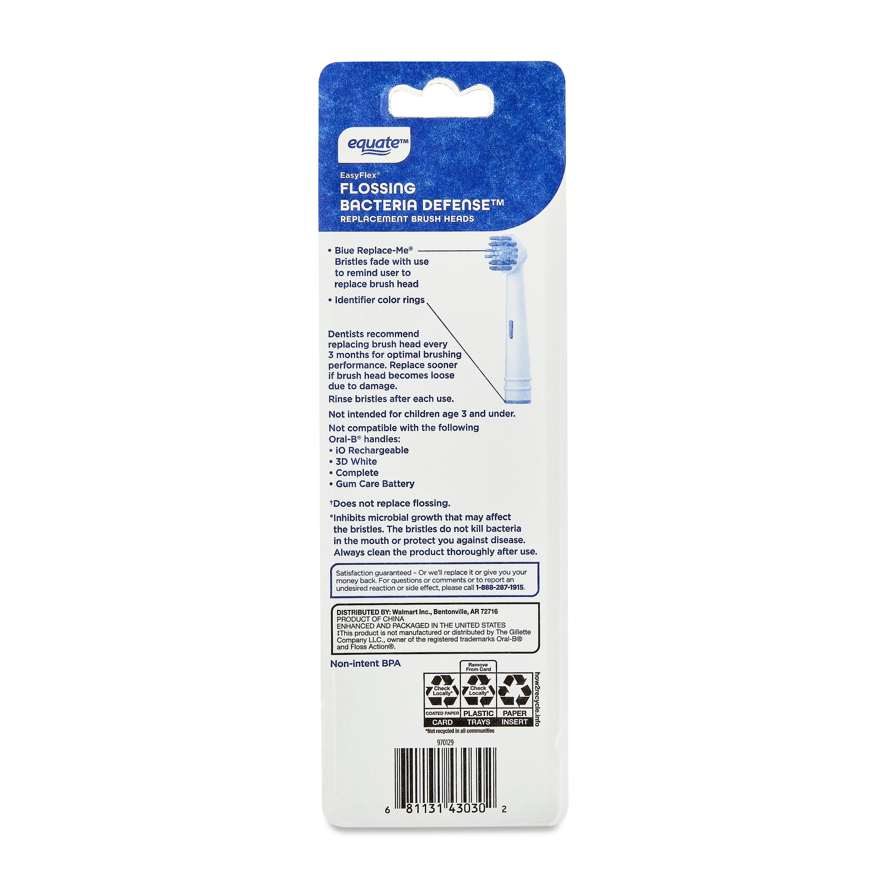 Equate EasyFlex Flossing Replacement Brush Heads, Replace-Me Bristles, 8 Count