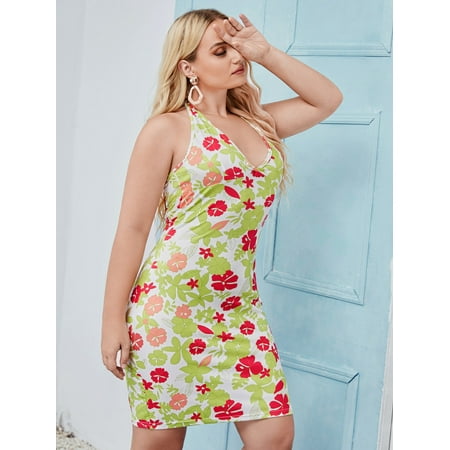 

Multicolor Boho Women s Plus Floral Print Halter Neck Dress 2022 4XL(20) Y060D
