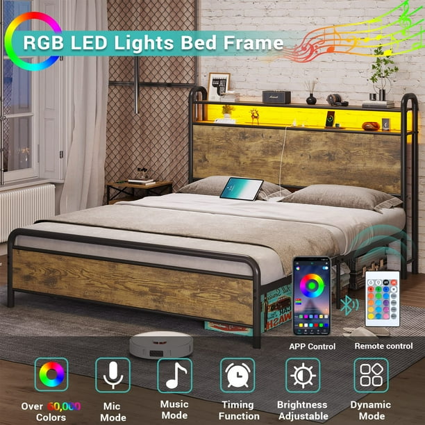 LED Metal Bed Frame with USB Ports & Outlets & LED Headboard, Full