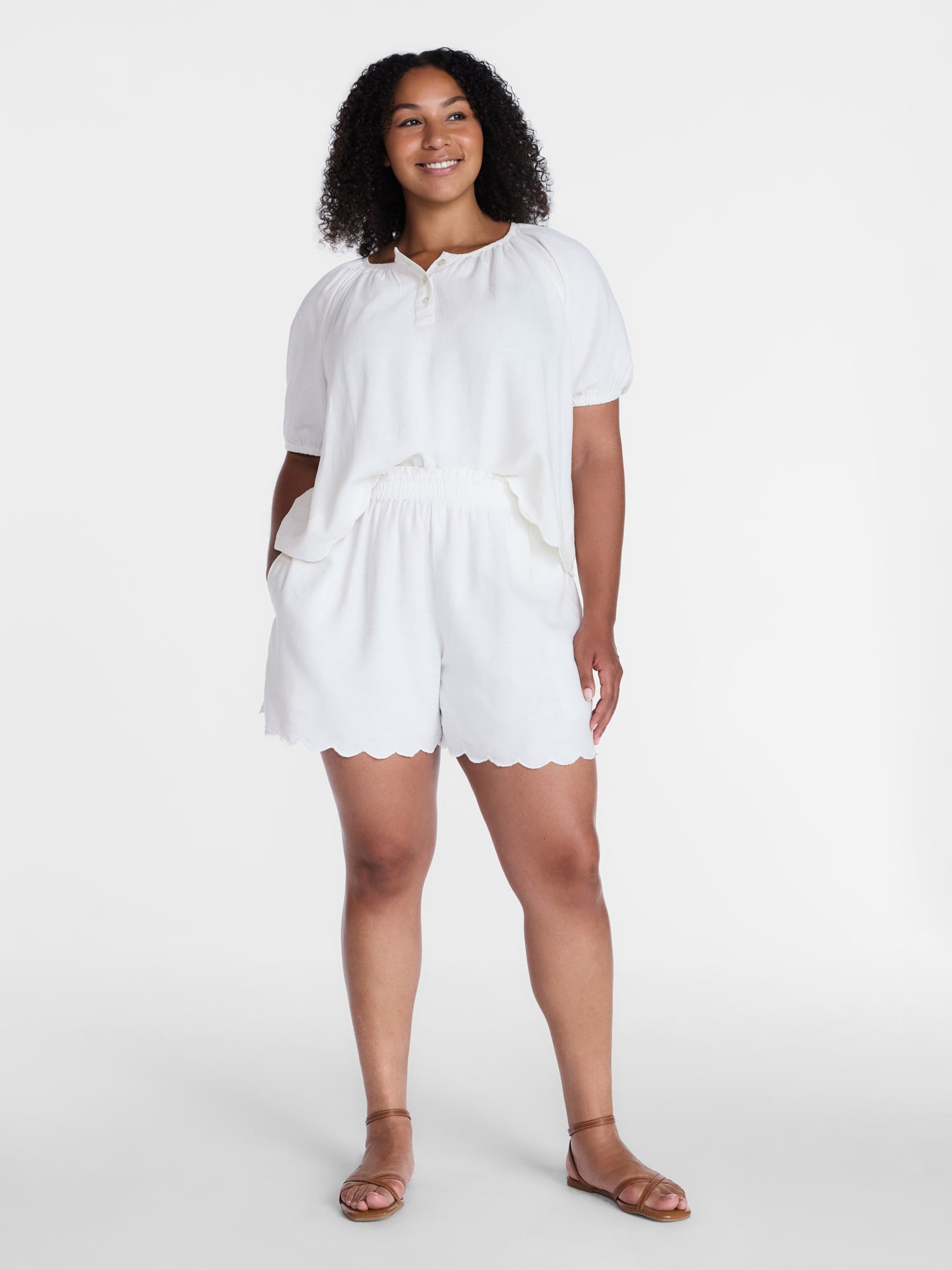 Time and Tru Women's Linen Blend Shorts with Scalloped Hem, Sizes XS-XXXL