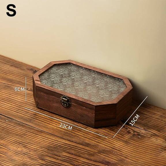 Dleadar Vintage octagonal solid wood Begonia flower glass desktop storage decorative box Home Decor