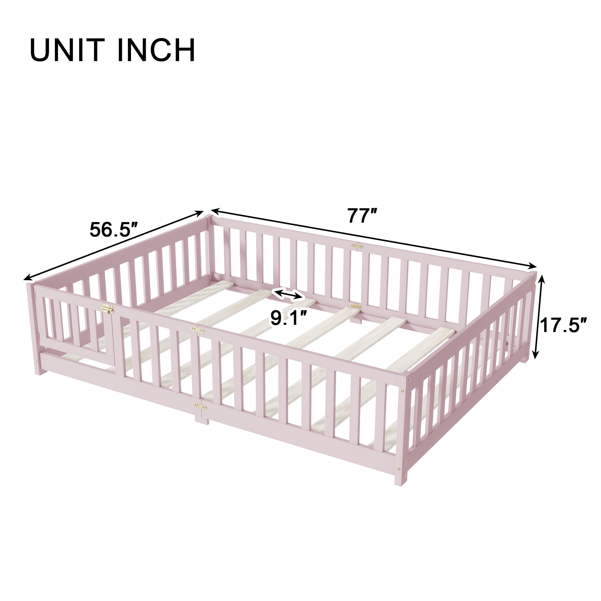 Sailvan Full Floor Bed with Fence and Door, Solid Rubber Wood Kids Platform Bed Frame Pink