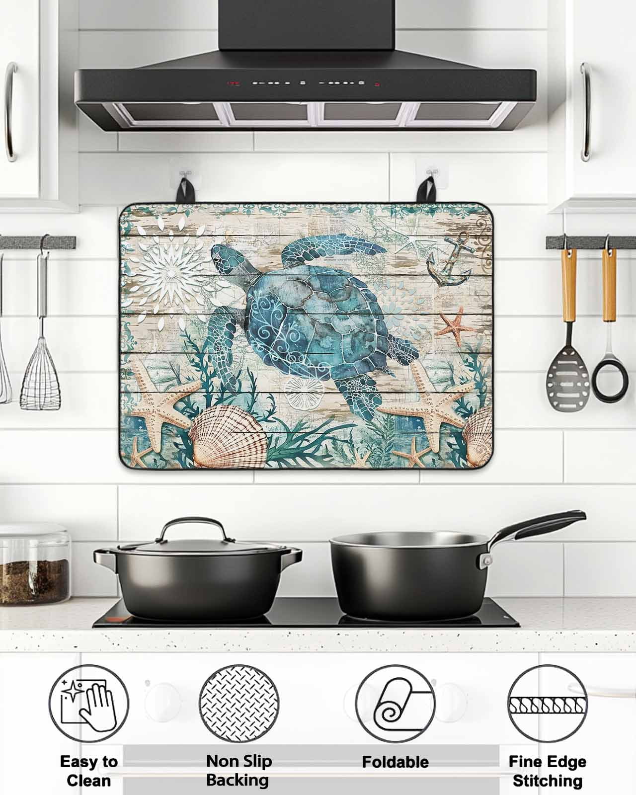 Stove Top Covers for Electric Stove, Teal Sea Turtle Coastal Glass Stovetop Cover Protector, Summer Beach Nautical Starfish Retro Induction Cooktop Protector Oven Mat for Kitchen Countertop 24"x21"