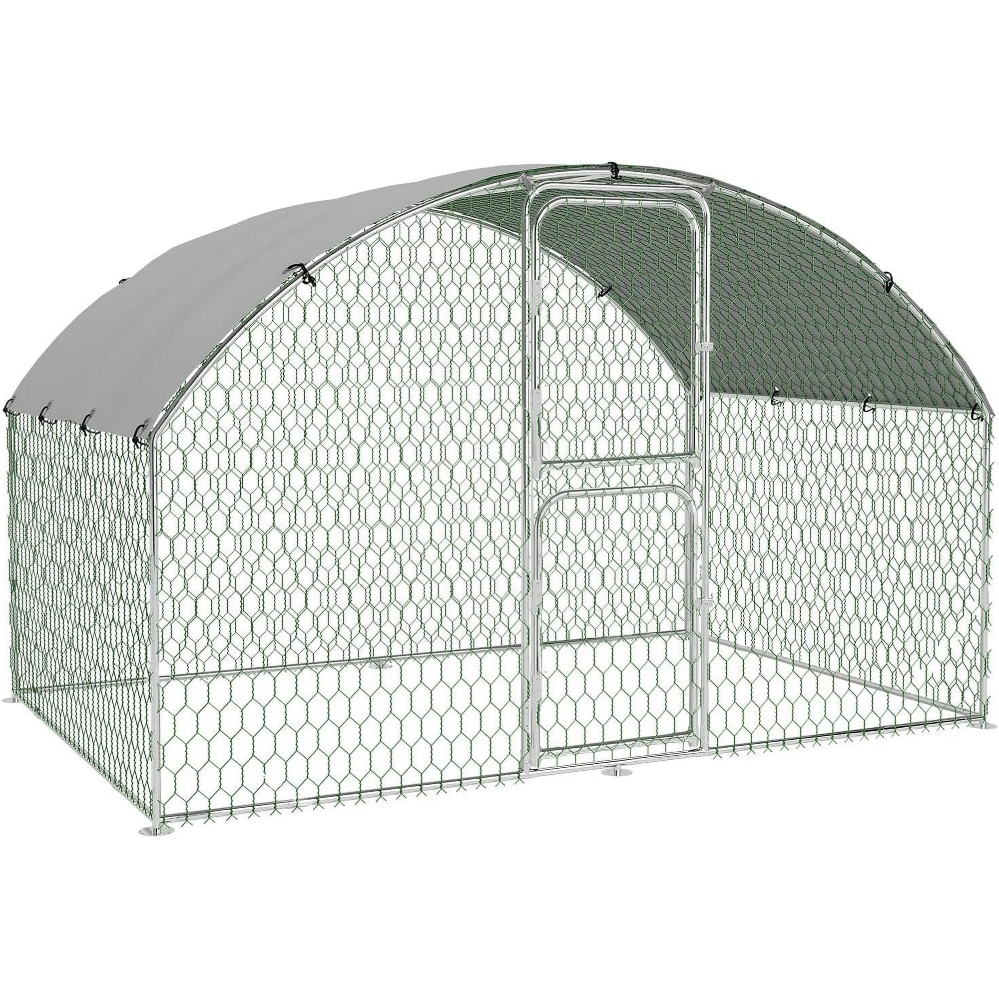 Lumiparty Metal Chicken Coop, Walking Poultry Cage Hen Run House Rabbits Habitat Cage Coops, with Waterproof and Anti-Ultraviolet Cover for Backyard Farm, Silver