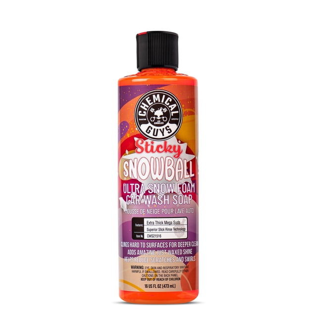 jabón para lavado de autos chemical guys sticky snowball ultra 473 ml botella frontal centrada con tapa negra y etiqueta naranja/morada con logotipo Chemical Guys y texto 'Sticky Snowball Ultra Snow Foam', envase translúcido que muestra líquido naranja sobre fondo blanco; a menudo usado como espuma de prelavado con cañón o pistola de espuma.