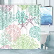 Newhomestyle Nautical Coastal Shower Curtains Starfish Seashell Coral Beach Bath Shower Curtains Decor with 12 Hooks,72 x 72 in