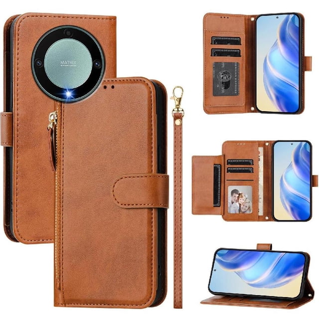 Funda para Honor X9A 5G con cremallera tipo cartera, tarjetero, marco de fotos, soporte y cordón, de piel sintética. marrón