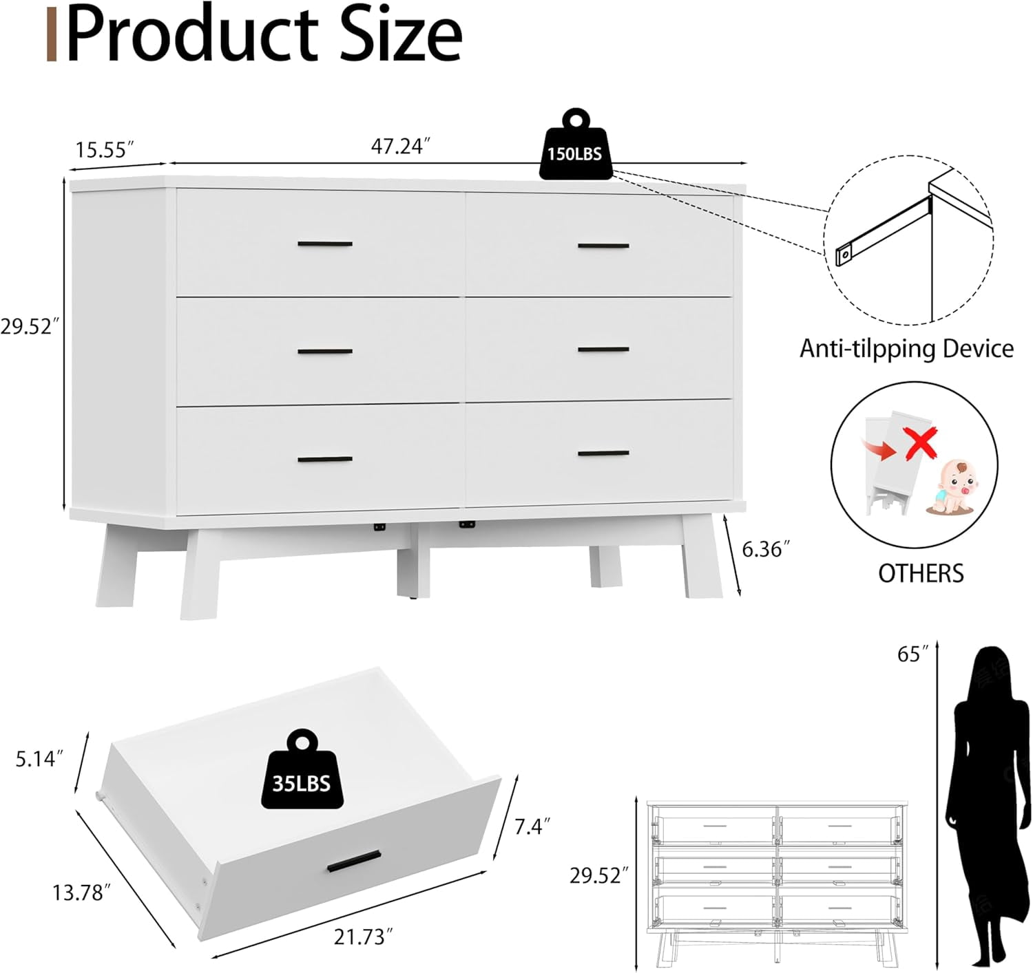 FANRAL 6 Drawer Dresser for Bedroom,Wood Modern Chest of Drawers with X-Shaped Sturdy Base,White Dresser