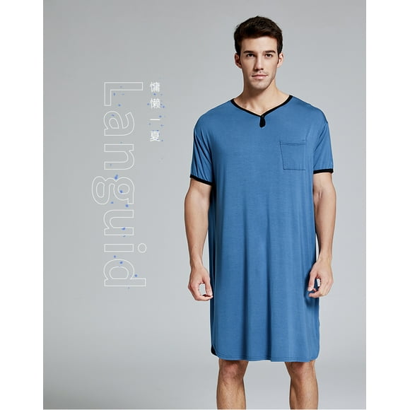 Faithtur Men's Nightgown Short Sleeve V-neck Loose Pajamas Oversized Summer Cotton Nightshirt