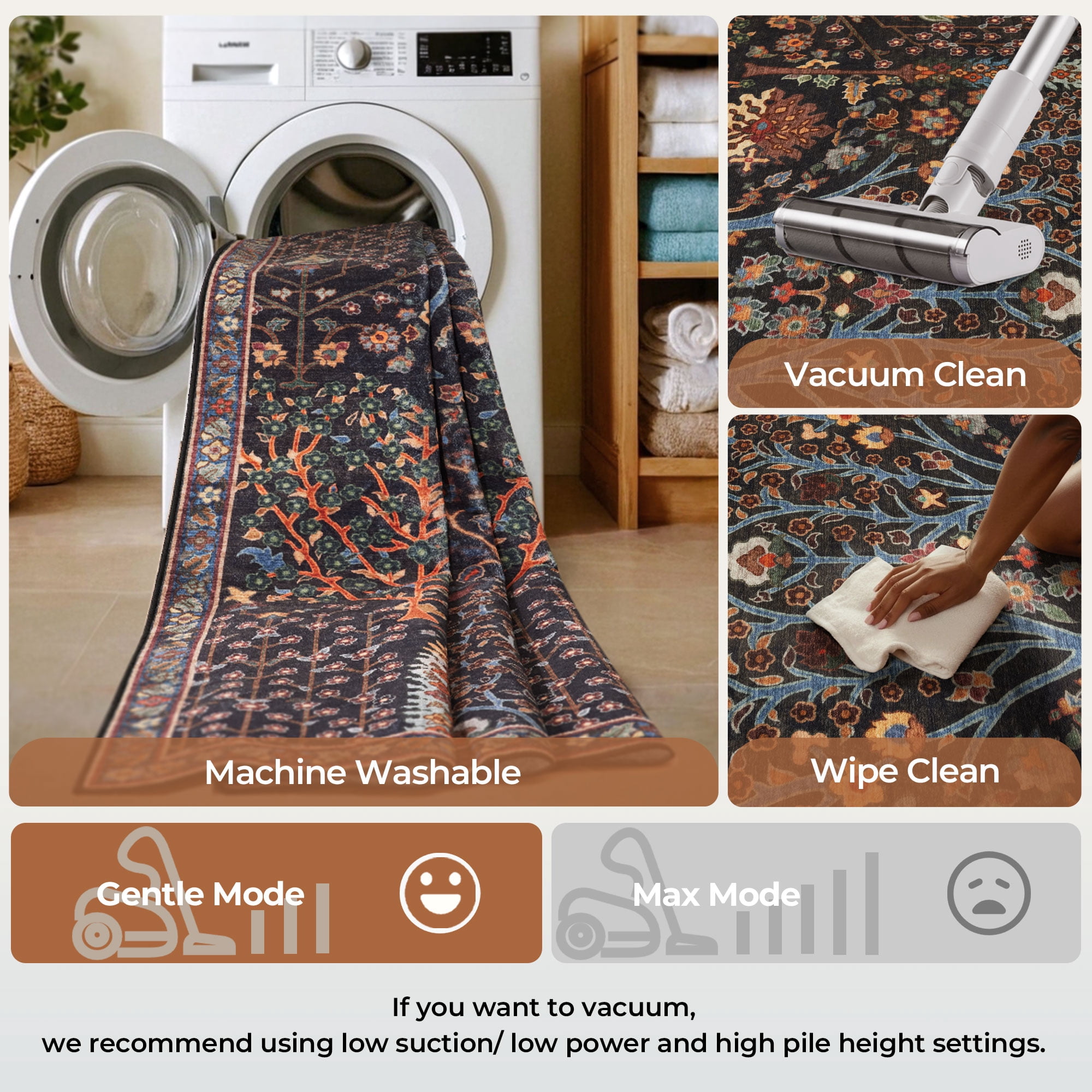 Washable Oriental Rug, 9x12 Black Boho Botanical Floral Vintage Carpet, Soft Large Indoor Rug for Living Room, Bedroom, Office, Playroom