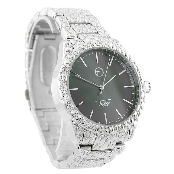 Mens Silver-tone nugget style clubbing watch 42mm 12mm thick. Black dial, 20mm wide Silver-tone nugget style link bracelets fits 8 inches wrist.
