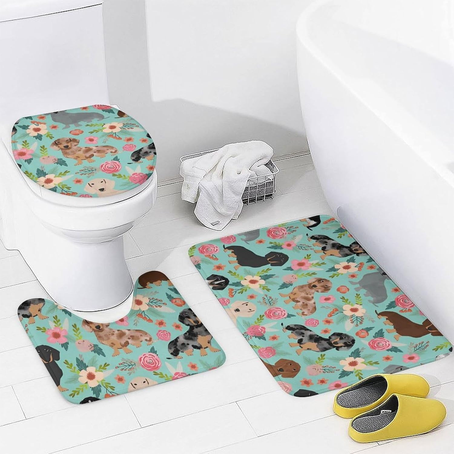 Bathroom Set,Dachshund Print Bathroom Rug Set,Bath Rug Set 4 Piece,Modern Shower Curtain Set with Shower Curtainand 12 Hooks