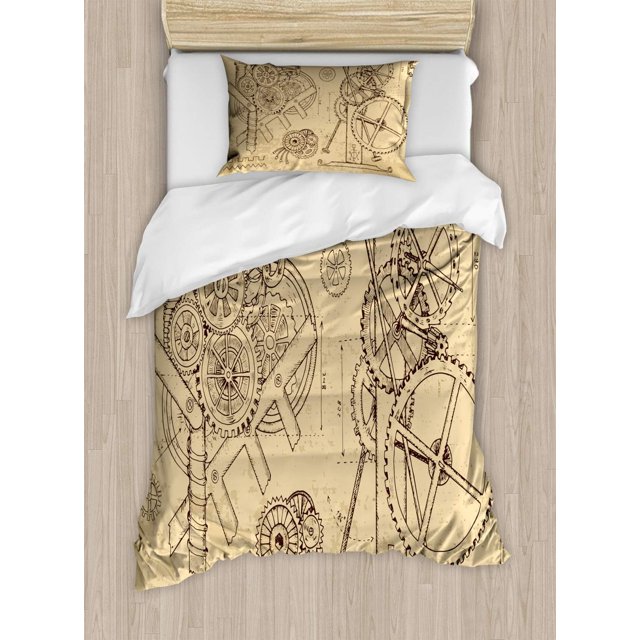 Juego de funda nórdica Steampunk, impresión retro inspirada en mecanismos y máquinas dibujadas a mano, juego de cama decorativo de 3 piezas con 2 fundas de almohada, color beige y marrón