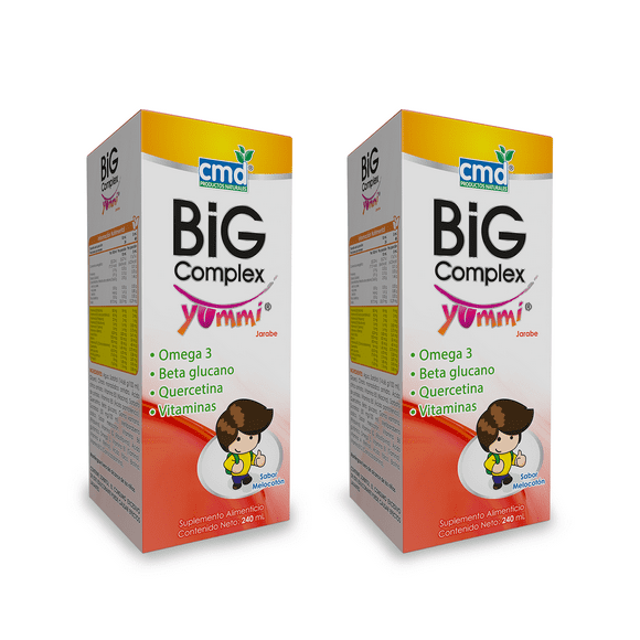 BIG COMPLEX YUMMI Omega 3 Beta glucano Quercetina y Vitaminas | CMD | Duo pack 2 Cajas con frascos de Jarabe infantil con 240 ml sabor Durazno c/u.