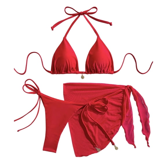 Guieoi Plus Size Swimwear Women's Swimsuit Cover ups Solid Color Three-Piece Separate Bikini Set,Tops with Padded Cups Red L